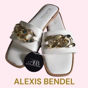 AlEXIS BENDEL WHITE FLAT SANDAL WITH GOLD CHAIN